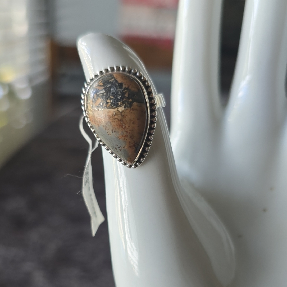 925 Sterling Silver Maligano Jasper Teardrop Ring~Sz 7